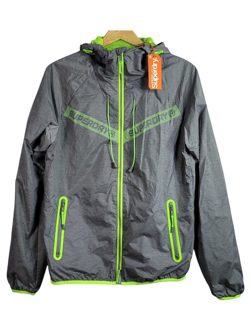 Superdry Mens Storm Cagoule Rain Jacket Gray Green Zip Hood Mesh Pockets NEW